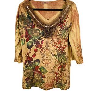 Y2K Only 9 Womens XL Gold Beaded Artsy Floral Print Top Whimsical Hippie Earthy